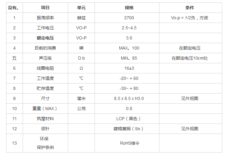 無(wú)源蜂鳴器SMD-085030F